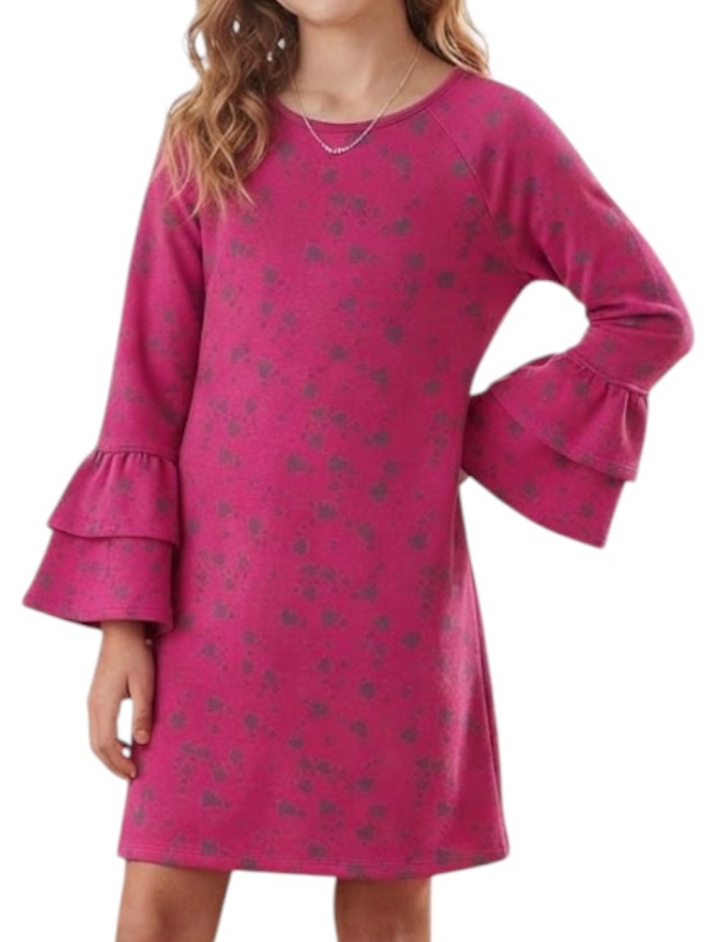 MEXX Cottagecore Preppy Berry Pink Heart Print Bell Sleeve Keyhole Dress Girl 10